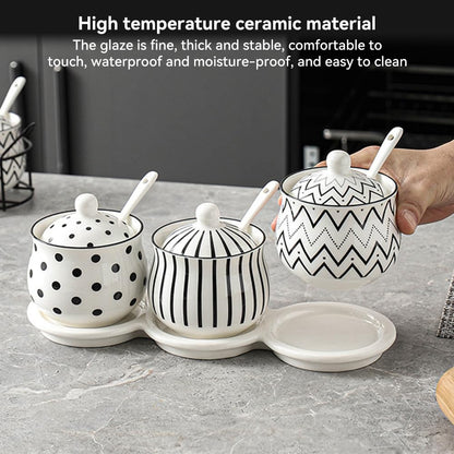 Ceramic Spice Jars Porcelain Condiment Jars Set with Spoon and Lid Condiment Pots for Salt, Sugar, Pepper Seasonings Set of 3 (White Ceramic Tray)