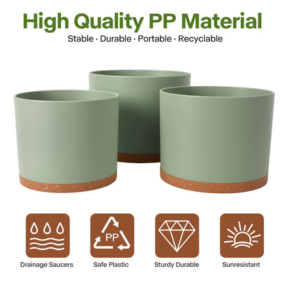 GARDIFE 10/9/8 Inch Modern Cylinder Planter, Plant Pots for Indoor Outdoor Plants, Flower Pots with Drainage Holes and Saucers for Garden Succulent Nursery House Plants (Green-Brown)