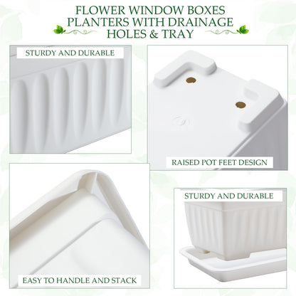 FillTouch 6 Packs 27 Inch Window Flower Box Extra Large Window Sill Herb Garden Long Rectangle Planter Plastic Boxes Outdoor with Drainage Trays for Balcony Windowsill Patio Garden