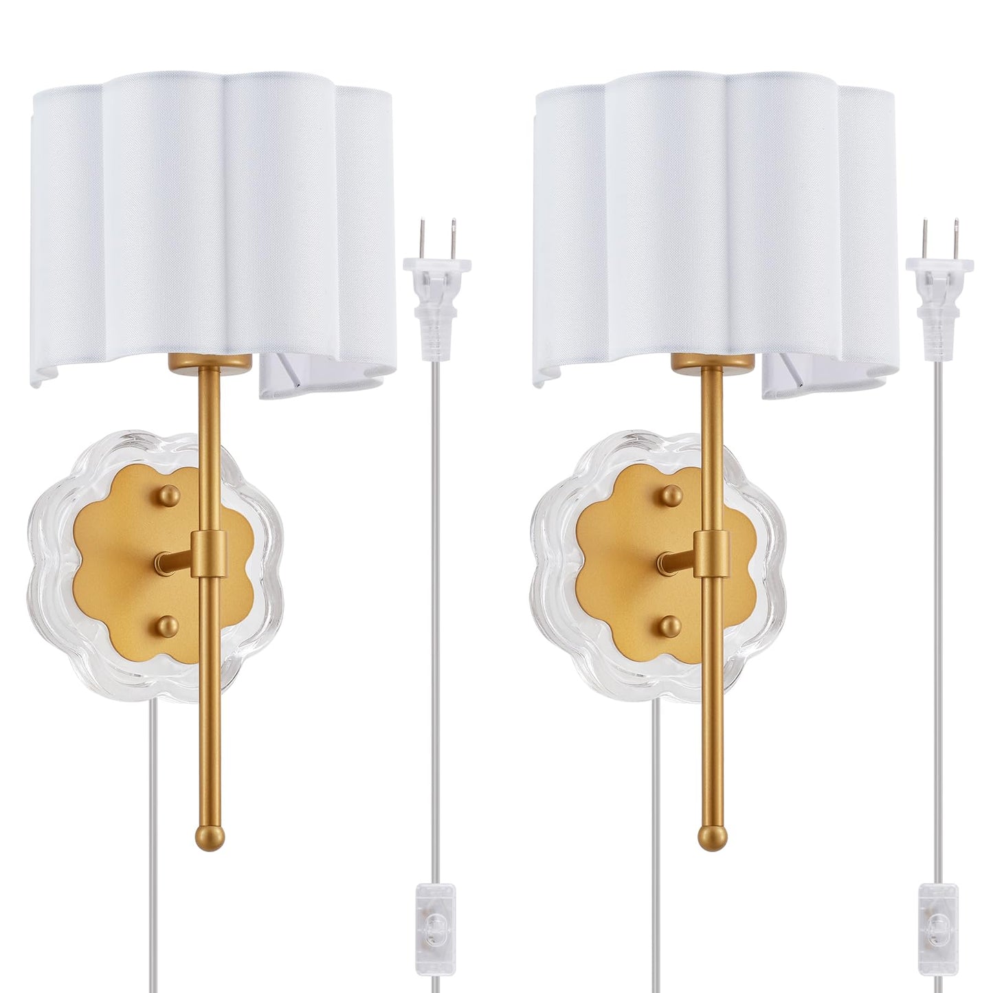 MhyTogn Modern Plug-in Wall Sconce Set of 2, with Creamy-White Fabric Flower and Antique Brass Brush Paint Finish Shade for Vanity Stairway Fireplace Kitchen Living Room Bedside