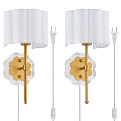 MhyTogn Modern Plug-in Wall Sconce Set of 2, with Creamy-White Fabric Flower and Antique Brass Brush Paint Finish Shade for Vanity Stairway Fireplace Kitchen Living Room Bedside