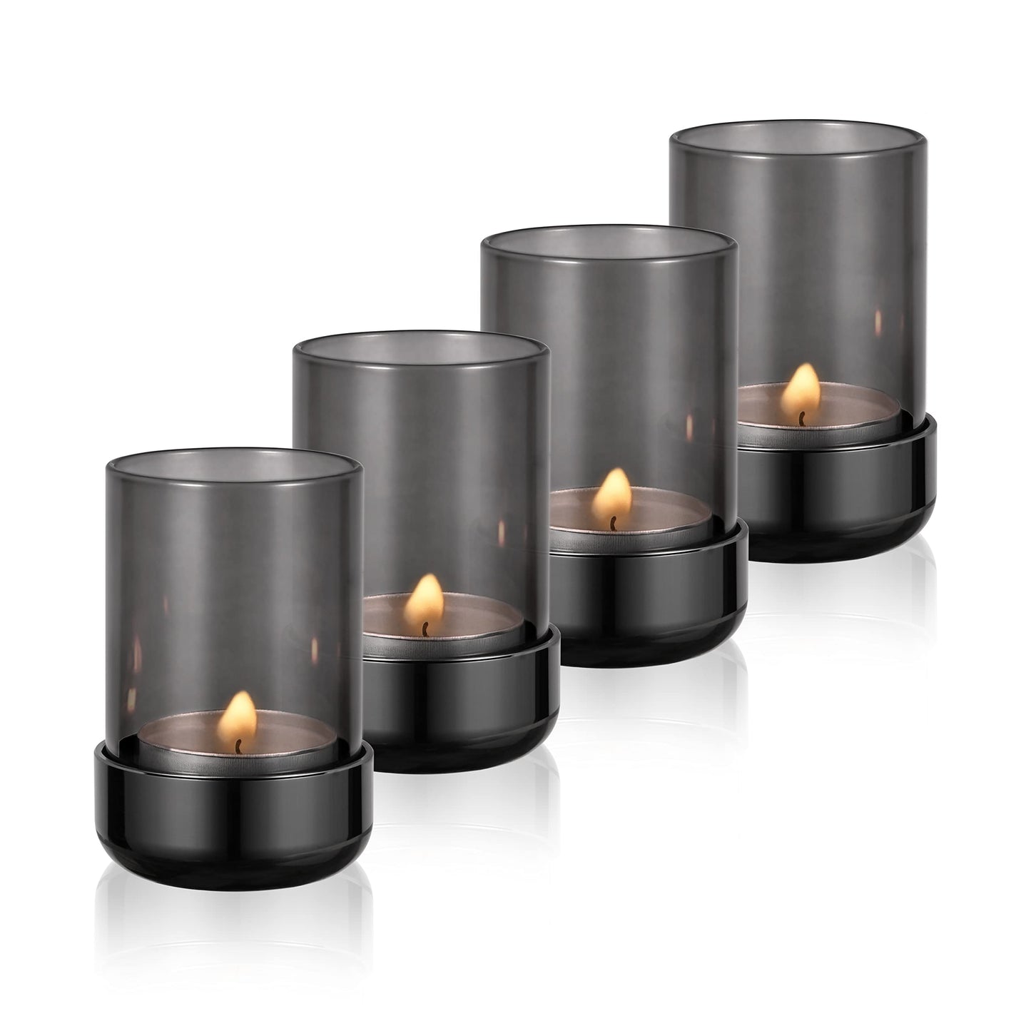Faveaux Tealight Candle Holder Black Tea Candle Holder Cylinder Glass for Standard Tea Light Birthday Party Table DIY Decor Pack of 4, Black Nickel Base+Black Glass