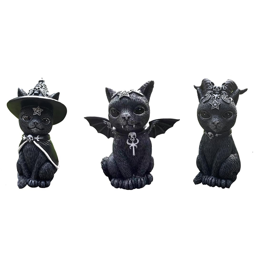 Dianreno Gothic Black Cat Figurines 3-Set,Black Cat Halloween Decoration