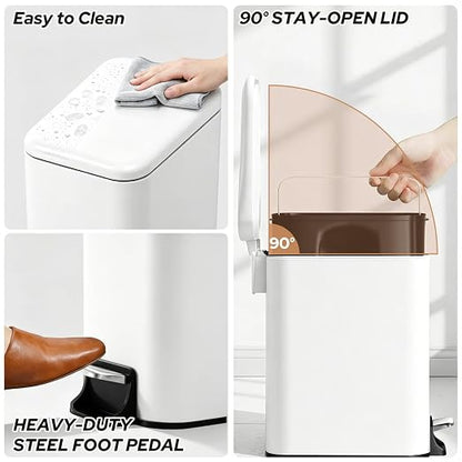 Small Bathroom Trash Can w/Lid Soft Close, 6 Liter/1.6 Gallon Stainless Steel Garbage Can w/Inner Bucket, Trash Bin Waste Basket for Kitchen, Bedroom, Living Room, Office, Toilet, White