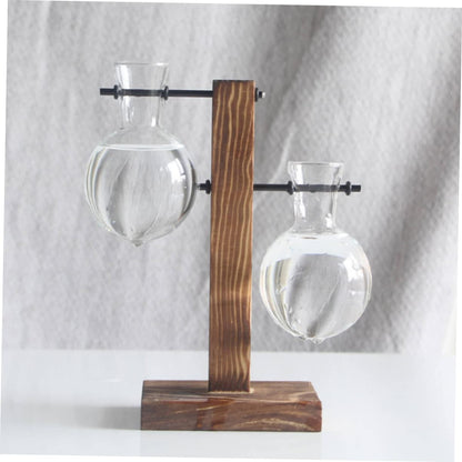 Hemoton 2pcs Hydroponic Glass Vase Wooden Base Stand Modern Plant Terrarium Tabletop Vase for Indoor Gardening Stylish