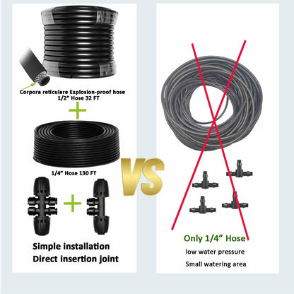 Drip Irrigation System with Water Timer for Garden,Main ID 1/2inch 32Ft and 1/4inch 136Ft Water Hose, 2-Zone Watering System Sufficient Water Pressure, Irrigation Dripper Waterflow Evenly Easy DIY