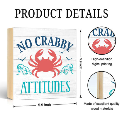 Pishovi No Crabby Attitudes Wooden Box Sign, Inspirational Phrase Decorative Plaque for Home Kitchen Bathroom Bar Café, Beach Theme Desk Plaque, Housewarming Gifts for Friend Coworker