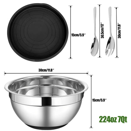 ShineMe Stainless Steel Salad Bowl with Lid, Extra Large Metal Bowl with Serving Utensils for Preparing, Mixing, Marinating, and Serving with Anti-slip Bottom, Unbreakable Kitchen Bowls 7QT