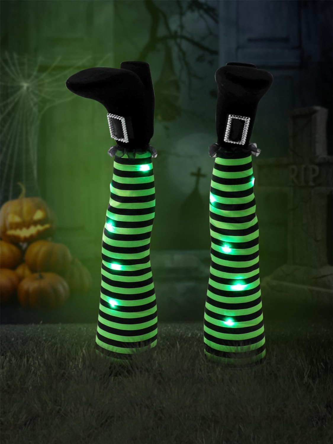 infleesh Halloween Witches Legs Decor Leg Yard Stakes Stake Wreaths Feet Door Crashing Garden Party Porch Wicked Hanging House Foot Outdoor Decorations (Green)