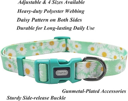 Dog Collar Leash Set, Floral Pattern, Polyester Material, Adjustable Collar and 5ft Matchcing Leash, for Medium Dogs.(M, Light Green Daisy)