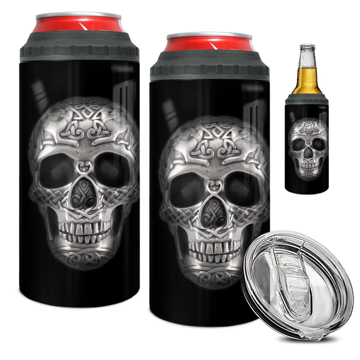 winorax Skull Tumbler 4-in-1 Can Cooler Skulls Coffee Travel Mug Cup 12oz Stainless Steel Insulated With Lid Inspirational Skull Gifts for Men Women Skulls Lover Birthday Halloween Birthday