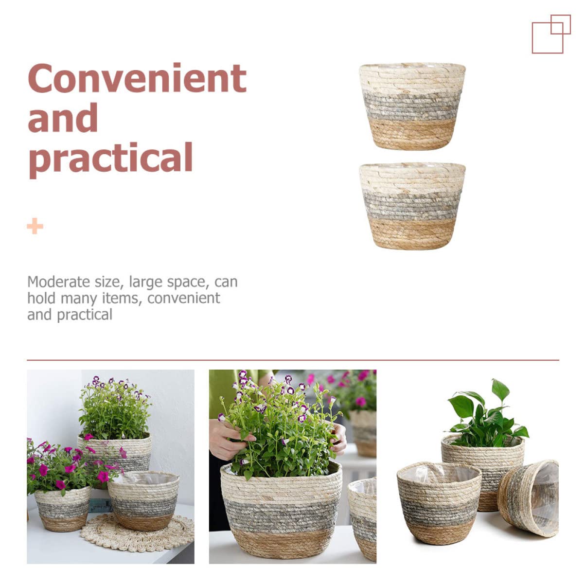 UKCOCO 2Pcs Multi Purpose Woven Flower Seagrass Plant Pots for Decor Delicate Floral Planters for Balcony Garden