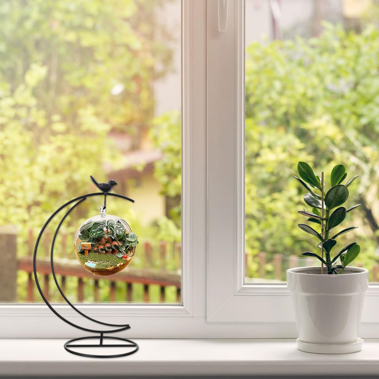 SOLUSTRE Moon Shaped Bird Iron Stand Hanging Flower Pot Holder for Glass Terrarium Decorative Pothook Display Stand for Home and Office Decor for Indoor Plant Arrangement