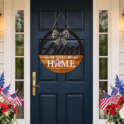 Interchangeable Seasonal Bless This Home Hanging Sign - Farmhouse Front Door Decoration for Spring All Seasons Holidays - Rustic Round Wood Wreaths with 12 Icons(Orange)