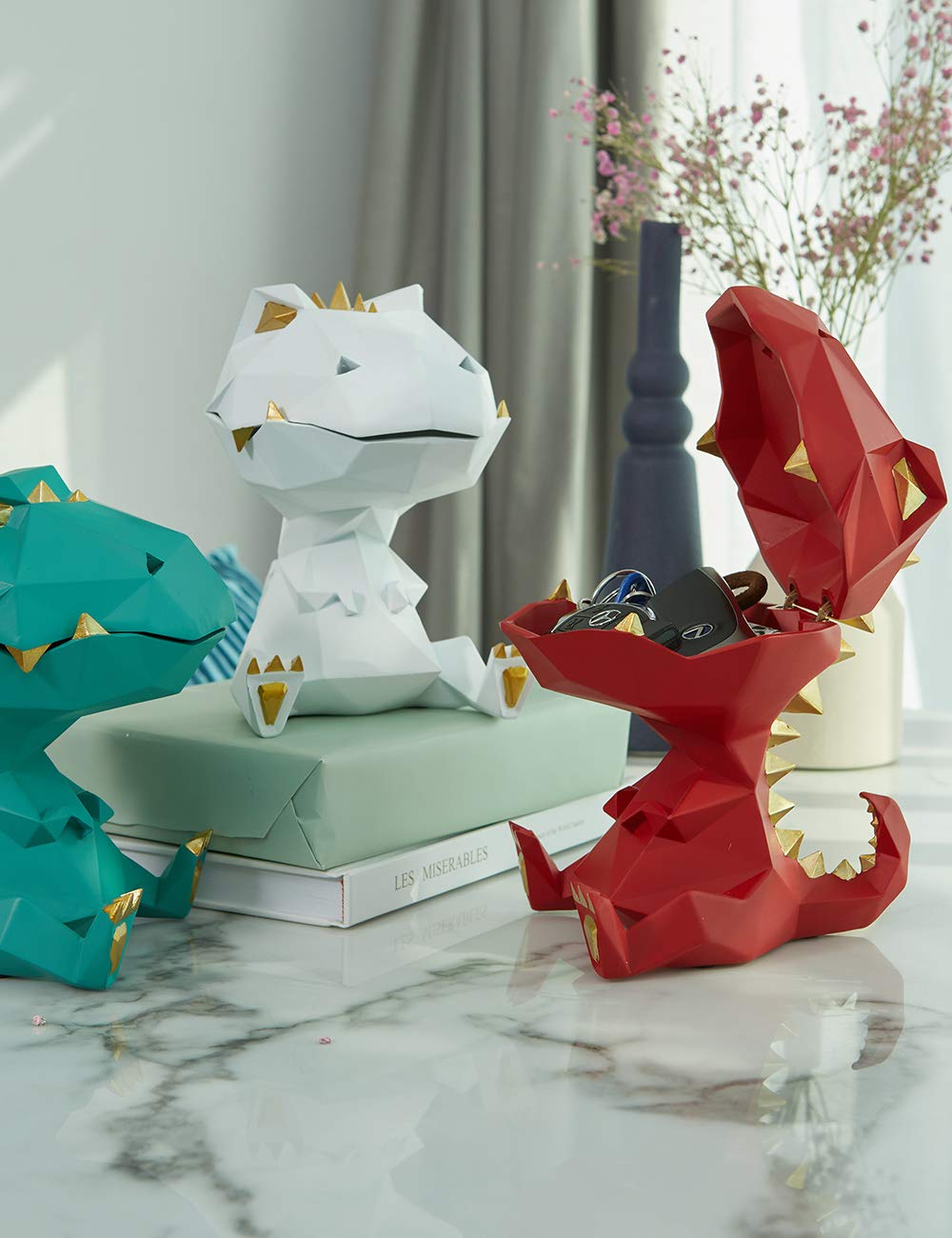 HAUCOZE Dinosaur Candy Dish Cookie Jar Storage Statue Modern Home Decor Sculpture Table Centerpiece Gift for Living Room Red 7.5 Inch