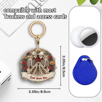 Couple Skull Leather Keychain Holder Compatible with Air Tag, Protective Access Card Cover, Halloween GPS Tracker Case for Pets, Bags, Kids
