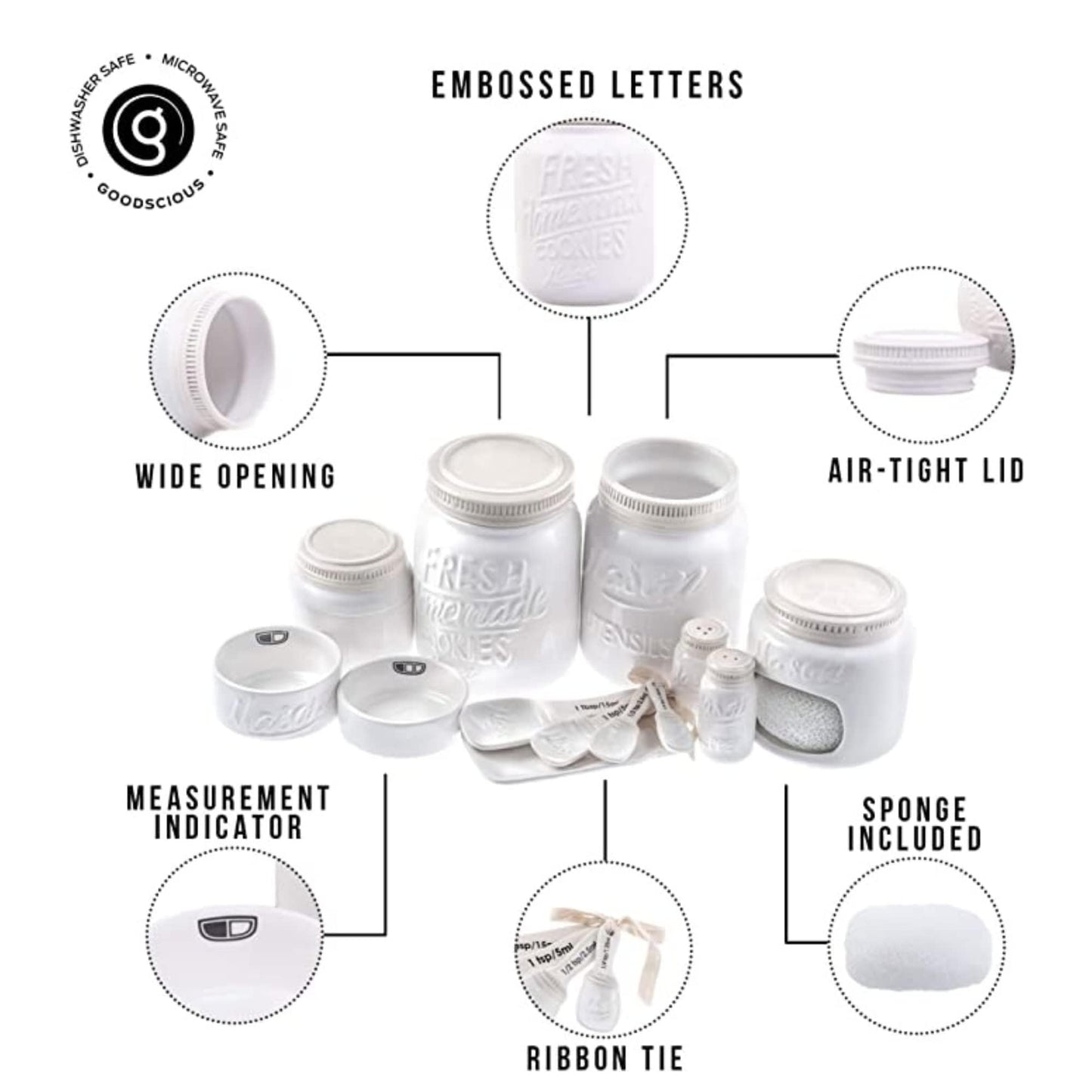 Farmhouse Canisters Sets for the Kitchen - Mason Jar Ceramic Kitchen Utensil Holder, Spoon Rest, Cute Cookie Jar, Salt & Pepper Shaker Sets, Sponge Holder, Measuring Cups & Spoons (White,17-Pc Bundle)