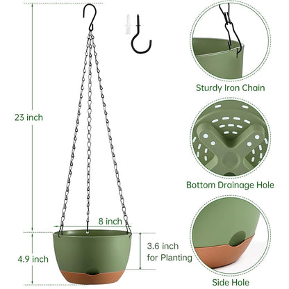 Kvetto Set of 2 Hanging Planters for Indoor Outdoor Plants, 8 Inch Self-Watering Hanging Flower Pots with Drainage Hole & Removable Water-Storage Tray (Hooks)