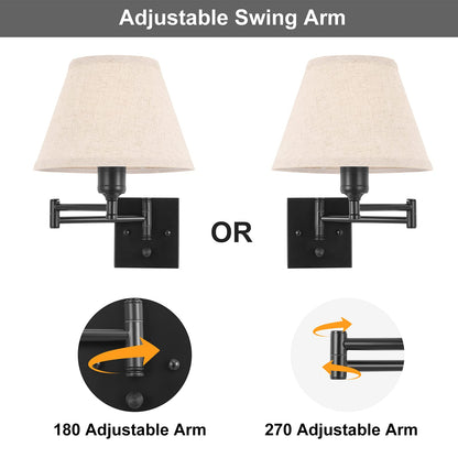 TRLIFE Wall Sconce Plug in, Dimmable Wall Sconces Set of Two Swing Arm Wall Lights with Plug in Cord and On/Off Dimmer Rotary Switch, 9.4" Medium Beige Fabric Shade(2 Pack, 2 Bulbs)