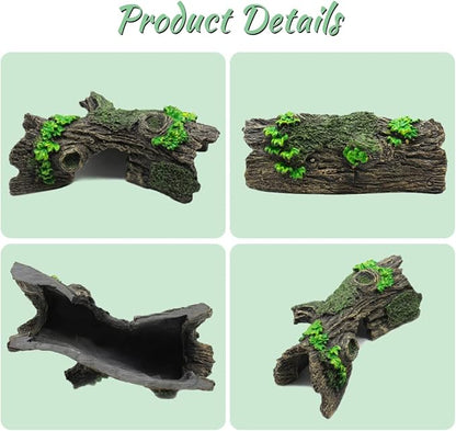 2PCS Small Aquarium Trunk Decoration Hollow Tree Trunk Hideout Log Hideaway Fish Tank Resin Wood Ornament Reptile Habitat Cave for Fish and Shrimp to Swim(6.7X 3.3 x 3'')