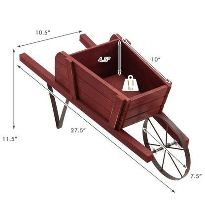 S AFSTAR Wood Wheelbarrow Planter, Flower Plant Pot Wheelbarrow Cart w/Metal Wheel & 9 Replaceable Magnet Accessories, Wooden Wagon Planter Wheelbarrow Decor for Outdoor Garden Backyard (Red)