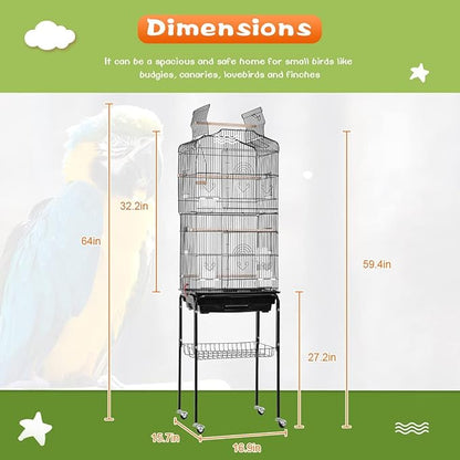 BestPet 64 inch Wrought Iron Bird Cage for Parakeets Medium Small Parrots Parakeet Cage with Detachable Rolling Stand & Play Open Top for Cockatiels Lovebird Finches Canaries (Black)