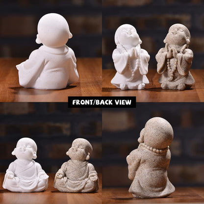 2pcs Buddha Statue Happy Laughing Buddha Figurine Cute Small Monk Statues Mini Maitreya Buddha Minimalist for Desktop Ornament Home Decor Car Dashboard and Shelf Decorations Buda (Sandstone)