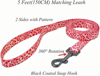 Dog Collar Leash Set, Leopard Pattern, Polyester Material, Adjustable Collar and 5ft Matching Leash, for Puppy Dogs.(XS, Pink Leopard)