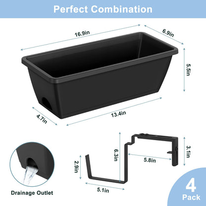4 Pack Window Boxes Planters 17’’ Railing Planter Box with Adjustable Brackets, Deck Railing Hanging Flower Pots Rectangular Herb Planter for Outdoor Fence Garden, Balcony Decor