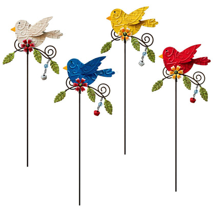 WKHOMEDECO 4 Pack Decorative Garden Stakes - 14.2" Metal Flowers for Outside & Metal Yard Art Outdoor and Garden, Rust-Resistant Shaking-Head Bird Lawn Ornaments for Patio - Gift for Gardeners