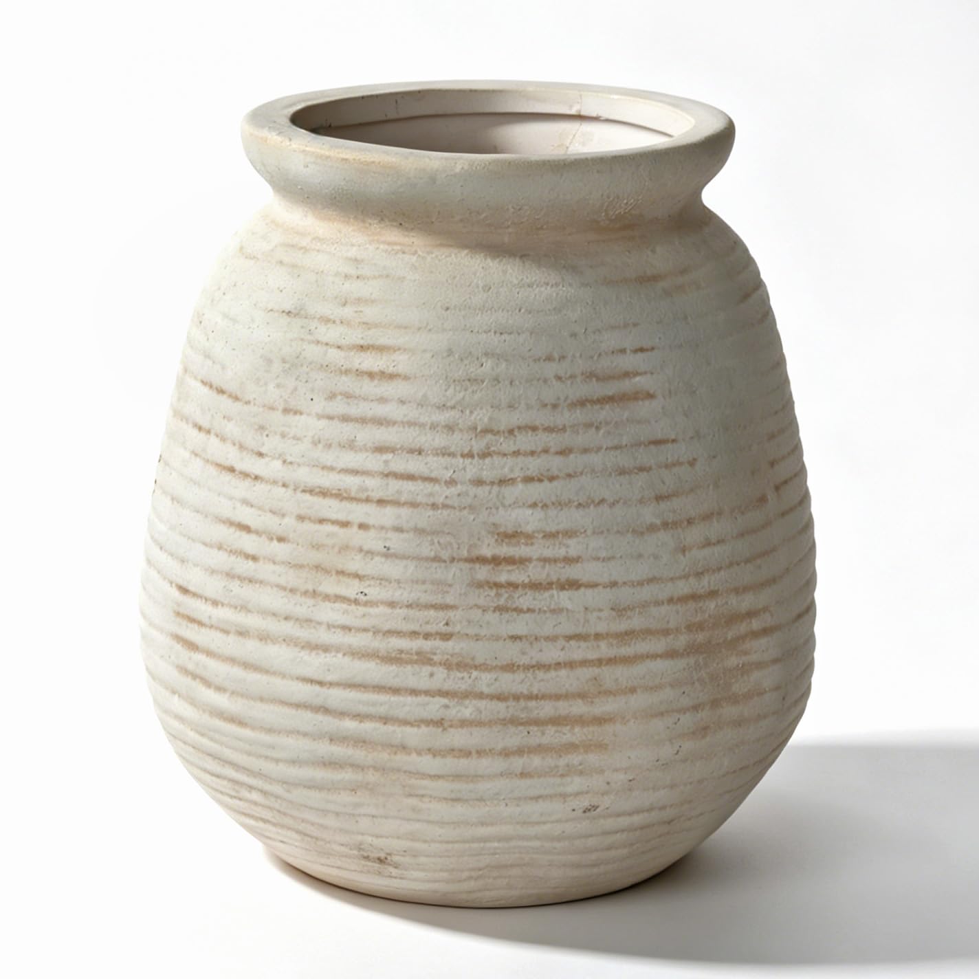 Sawoake Rustic Terracotta Pot, 7 Inch Short Farmhouse Vase with Weathered Texture Off-White, Boho Home Decor for Pampas Grass, Tabletop, Mantel and Shelf Styling