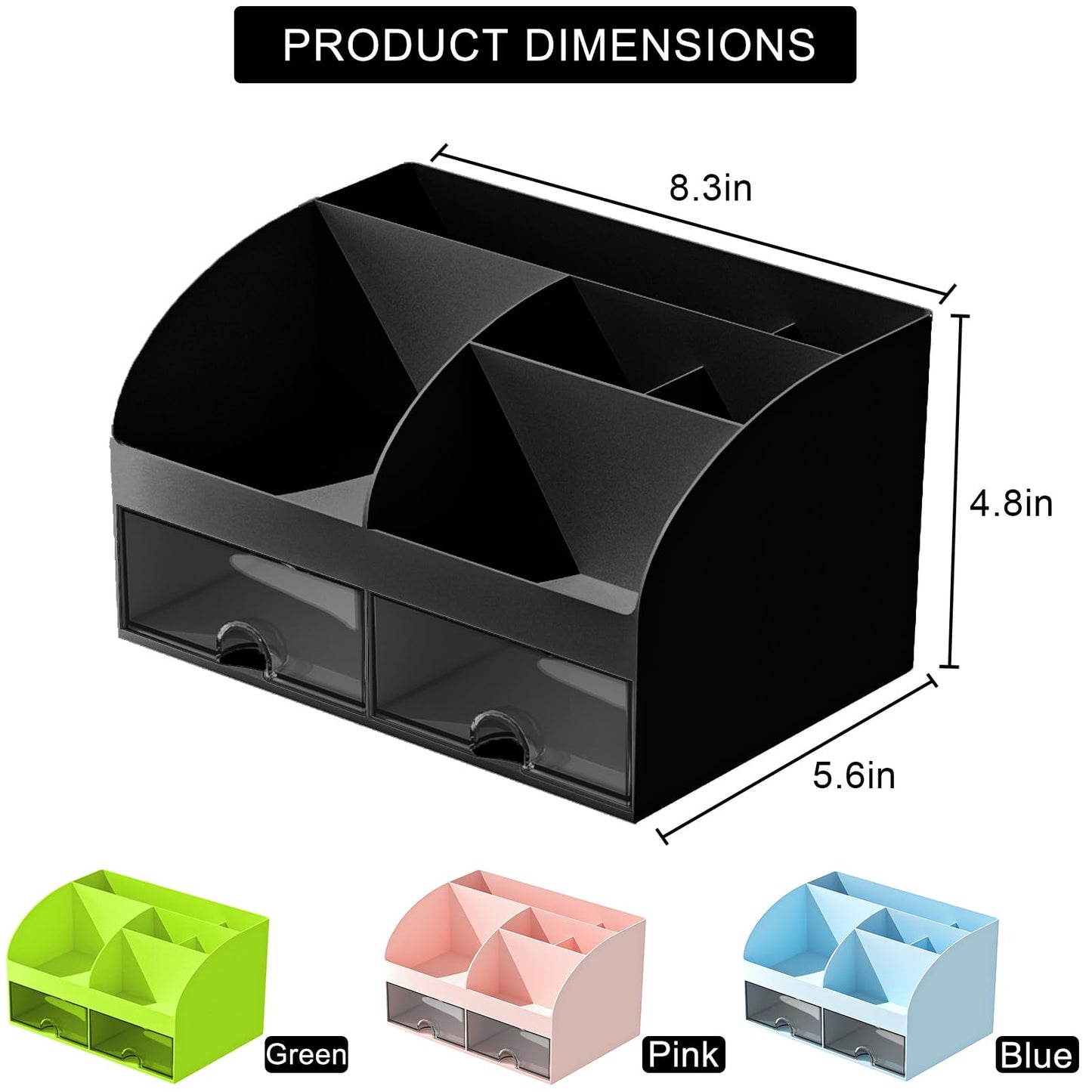 COMFYROOM Desk Organizer with 6 Compartments and 2 Drawers, Plastic Makeup Organizer, Pen Holder for Desktop Storage, Desk Organization for School, Home, Office Supplies (Black)