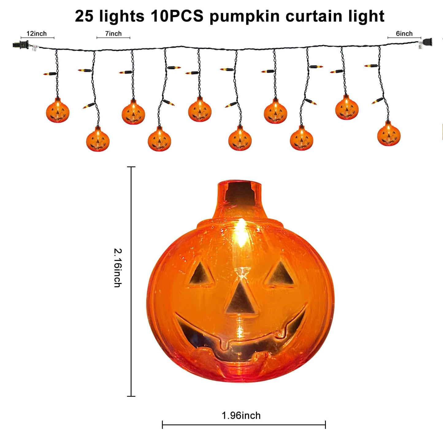 Halloween Pumpkin Icicle Lights, 7Ft Outdoor Halloween Decorations String Light with 10 Pumpkin Light 15 Mini Orange Bulbs, Plug in Pumpkin Curtain Lights for Indoor Outdoor Patio Party Holiday