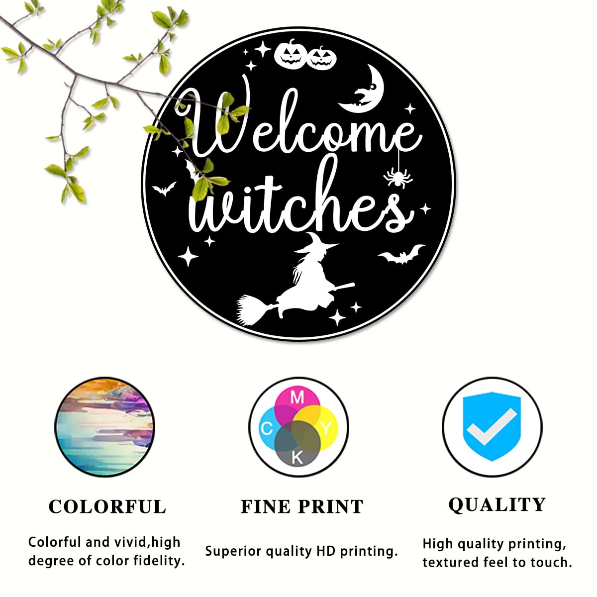 Generic Welcome Witches Round Aluminum Sign Halloween Metal Tin Signs Autumn Witch Ghost Pumpkin Wall Decor Sign For Home Kitchen Cafe 8x8 Inch