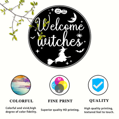 Generic Welcome Witches Round Aluminum Sign Halloween Metal Tin Signs Autumn Witch Ghost Pumpkin Wall Decor Sign For Home Kitchen Cafe 8x8 Inch
