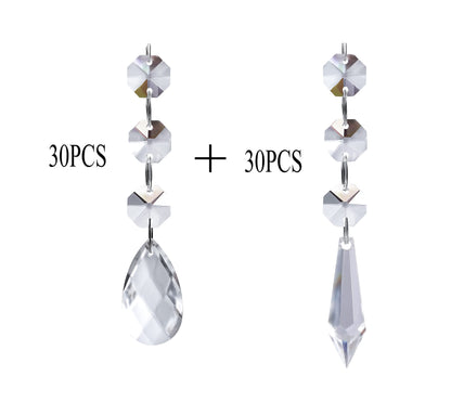 60 PCS Clear Acrylic Crystal Beads for Christmas Ornaments Tree Decorations Garland Chandelier Hanging Wedding Party Celebration Decor (Teardrop+Icicle)