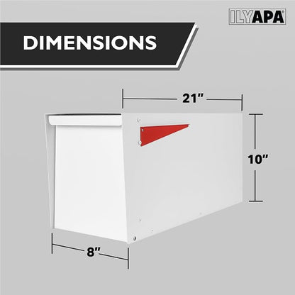 Ilyapa Modern Mailbox for Post Mount - White with White Door Powder Coated Steel, Waterproof Letter Box for Parcels, with Recessed Magnetic Close Door