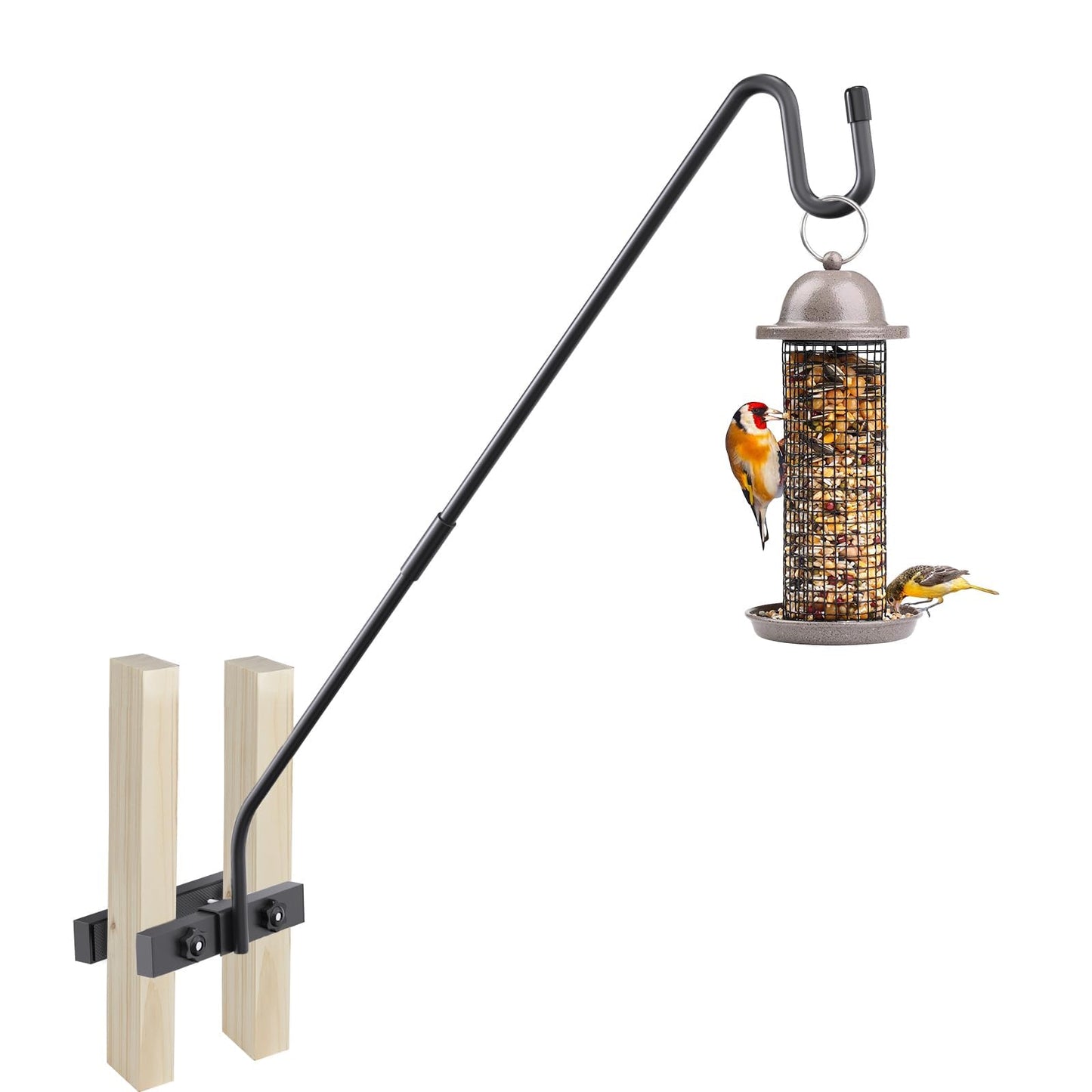 Monalife Deck Hook Railing Mount - Heavy Duty Metal Shepherds Hook Bracket for Outdoor Plant Hanger, Bird Feeder Hanger, Plant Hooks, Flower Baskets, Lanterns - 360° Rotating Pole, Extended Arm