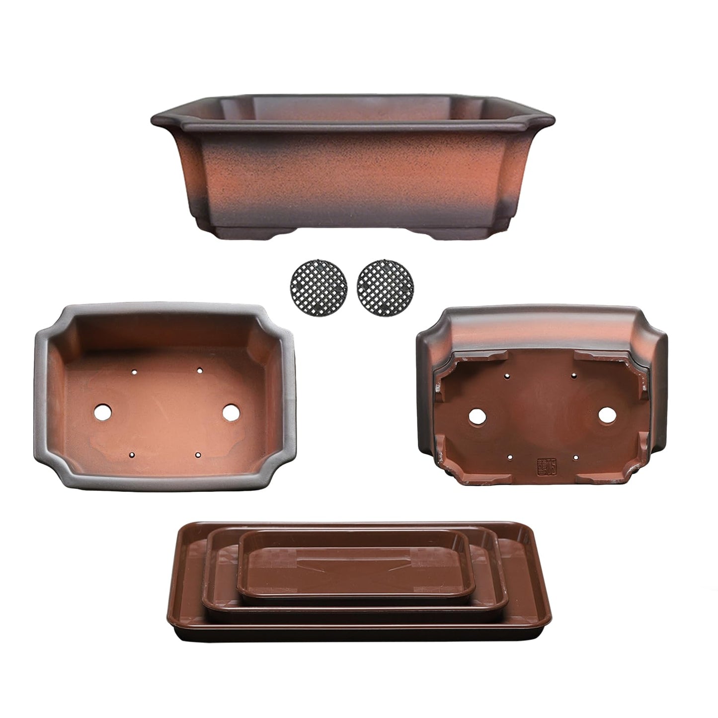 KyoYi Bonsai Pots with Drainage Tray - Set of 3-10/8/6 Inch Ceramic Rectangle Planters with Classic Retro Design - Indoor-Outdoor Plant Pots for Home & Office Table Top Decor, Gifts, Brown