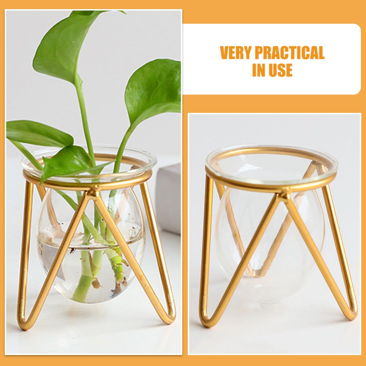Toyvian Glass Plant Vase with Metal Stand, Decorative Bulb Terrarium Container for Succulents and Green Plants, Small Gold Indoor Hydroponic Planter for Home and Office Desk Decor
