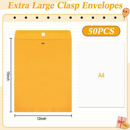 Fullhawl 50 Pcs 12 x 15 Inch Extra Large Mailing Clasp Envelopes Jumbo Kraft Catalog Manila Envelope with Clasp Closure for Oversized Big Documents Office Home Business Legal School Storing Mailing
