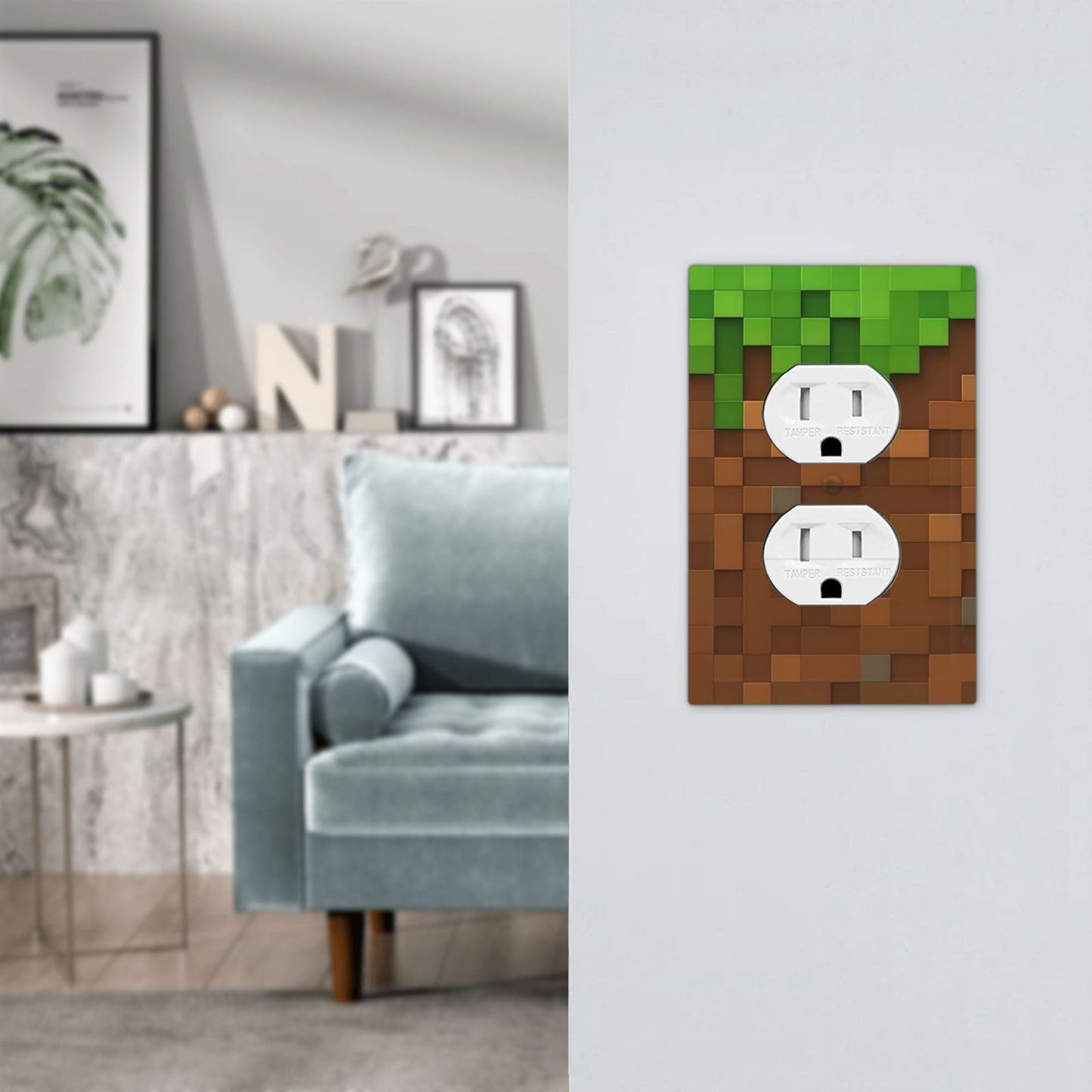 Pixel Style Gamer Themed Grass Block Outlet Covers 1 Gang Duplex Light Switch Cover Decorative Switch Plates Electrical Receptacle Faceplate Wall Plate for Kids Room Office Home Decor