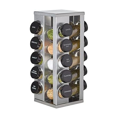 Kamenstein 20 Jar Heritage Revolving Countertop Spice Rack Organizer with Spices Included, FREE Spice Refills for 5 years, Brushed Stainless Steel with Black Caps