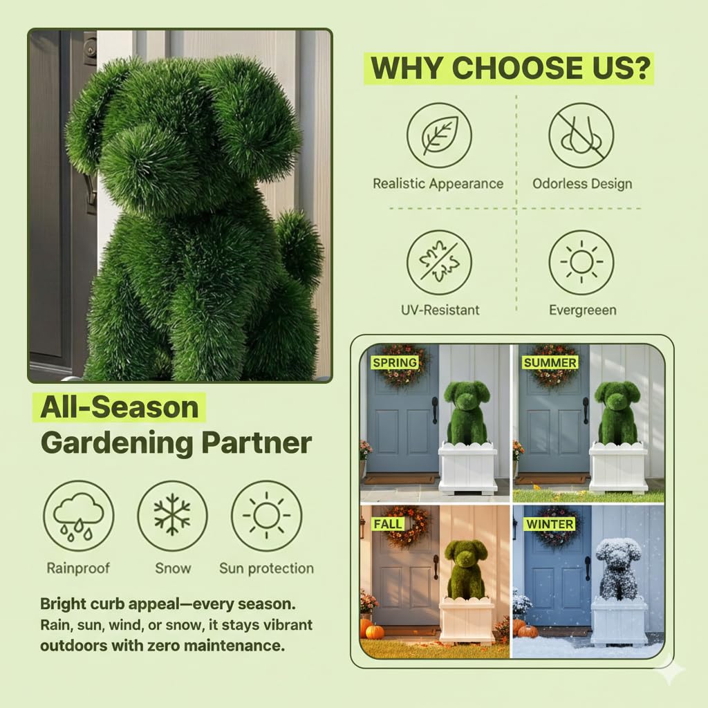 Verdcassz 34.6" Original Design Handcrafted Dog Topiary with White Planter - Premium Faux Boxwood Sculpture, Front Porch Decor, UV-Resistant, No Maintenance, Artificial Plant for Entryway & Patio