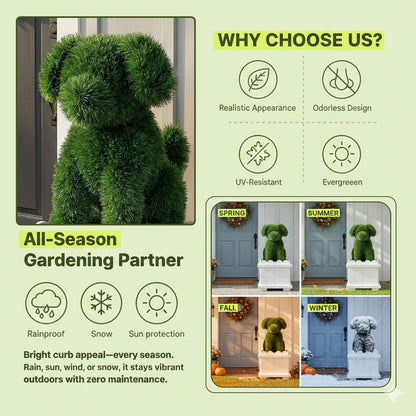 Verdcassz 34.6" Original Design Handcrafted Dog Topiary with White Planter - Premium Faux Boxwood Sculpture, Front Porch Decor, UV-Resistant, No Maintenance, Artificial Plant for Entryway & Patio