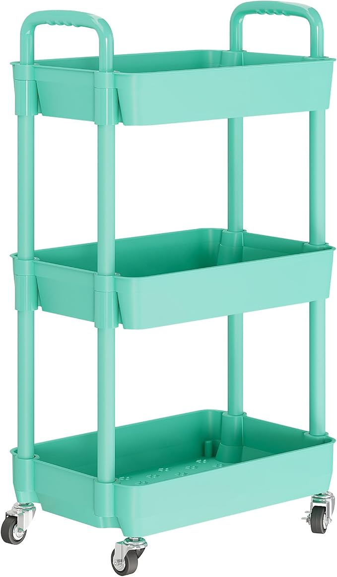 Laiensia 3-Tier Rolling Cart with Wheels,Multifunction Utility Storage Carts, Kitchen Storage Organizer,Mobile Shelving Unit for Bathroom,Laundry,with Classified Stickers,Green