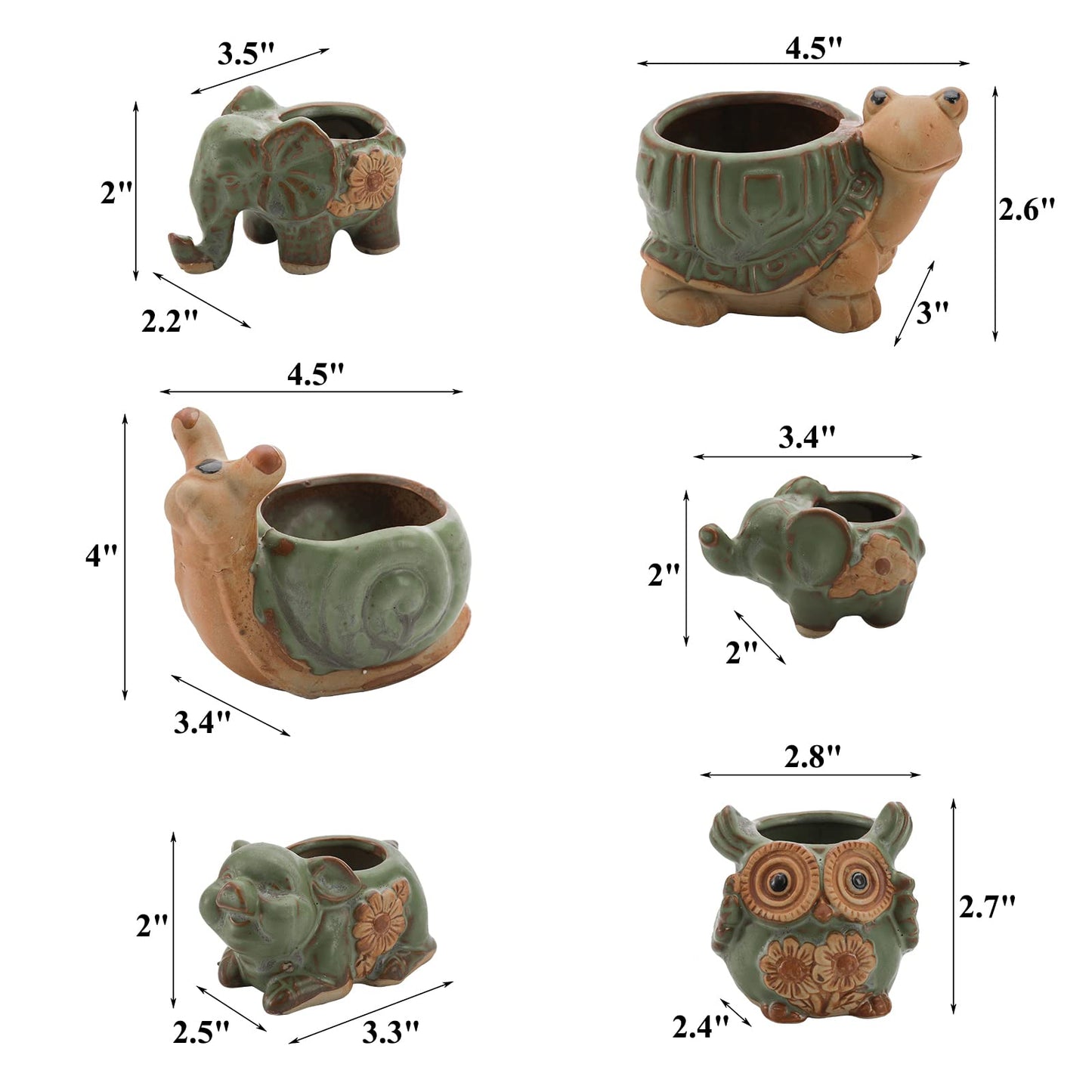 Okllen 6 Pack Mini Animal Ceramic Succulent Planter Set, Cute Elephant, Turtle, Owl, Snail, Succulent Pots with Drainage Hole, Ideal for Bonsai, Indoor, Outdoor
