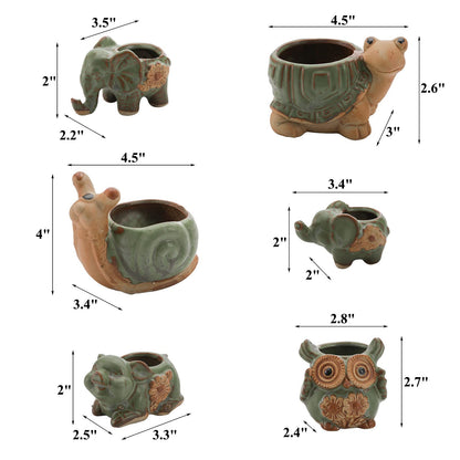 Okllen 6 Pack Mini Animal Ceramic Succulent Planter Set, Cute Elephant, Turtle, Owl, Snail, Succulent Pots with Drainage Hole, Ideal for Bonsai, Indoor, Outdoor