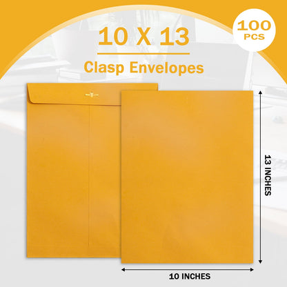 Clasp Envelopes 10x13, 100 Pack Goefun Brown Yellow Manilla Envelopes 10x13-100GSM Heavy Kraft Paper, with Clasp and Gummed Seal for Mailing
