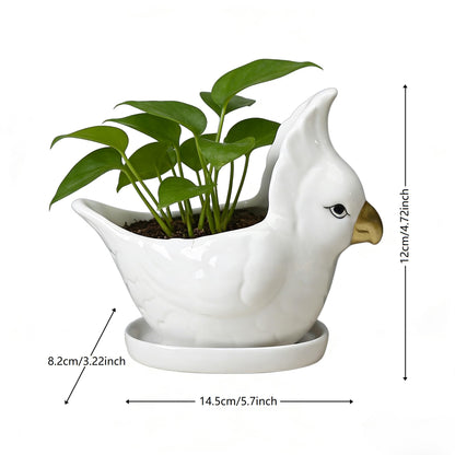 YANGMEI Ceramic Bird Planter Pot with Saucer, Drainage Hole Design, Cute Animal Succulent Pot for Indoor/Outdoor, Great Gift for Plant Lovers, Home Garden & Office Décor（White）